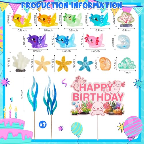 Axolotl Cake Topper Set with 22 Figurines & Seagrass - Ocean Theme Party Decorations