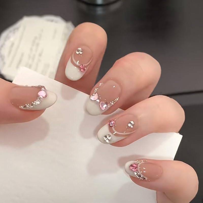 TENPAL Handmade Press On Nails Kit - Milky Pink Hearts & Bow (M)