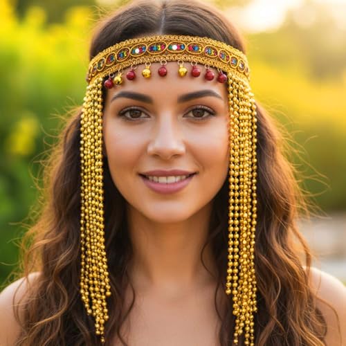 Campsis Egyptian Gold Beaded Tassel Headband for Costume & Cosplay