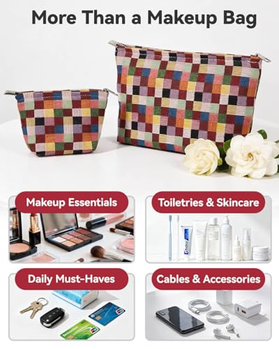 2-Piece Checkered Makeup Bag Set - Canvas Cosmetic Pouch & Travel Organizer