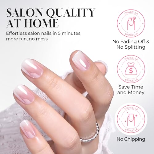 UNA GELLA Baby Boomer Short Square Press On Nails 32Pcs 16 Sizes with Glue & Tabs – Reusable High Gloss
