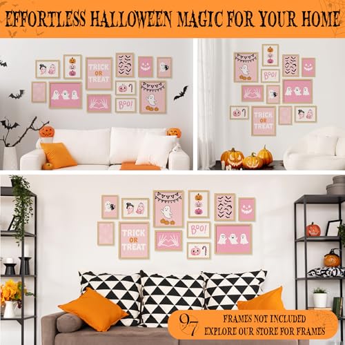 Pink Ghost Halloween Wall Art Set - 12 Unframed Posters for Home Decor