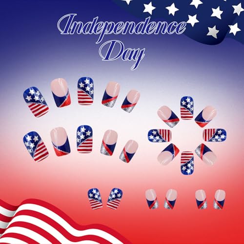 UPABLUNSO Stars Silver Glitter Lines 4th of July Press-On Nails Medium Square Fake Nails French Tips