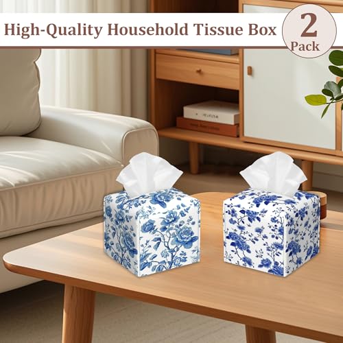 Blue Floral Tissue Box Holder - Waterproof Leather Organizer for Home & Car, 2 Pack