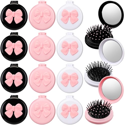 12 Pack Foldable Travel Hair Brush with Mirror - Bow Design, Multi Color