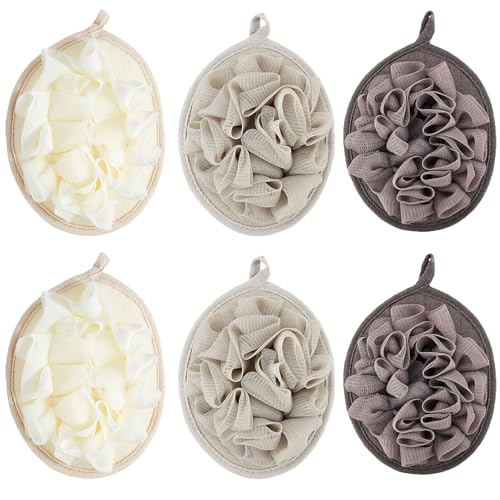 Boao 6 Pcs Exfoliating Shower Puffs Mesh Bath Sponges in Khaki Dark Brown Beige