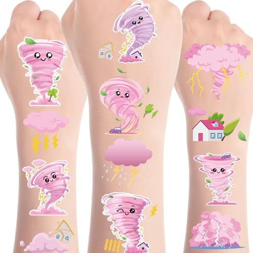 Pink Tornado Temporary Tattoos for Kids - 6 Sheets, Waterproof & Safe Party Favors