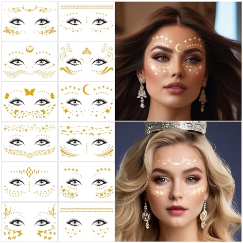 FT-Gold Face Stickers 12 Sheets Glitter Freckle Tattoos for Women – Gold Glitter Face Tattoos (638)