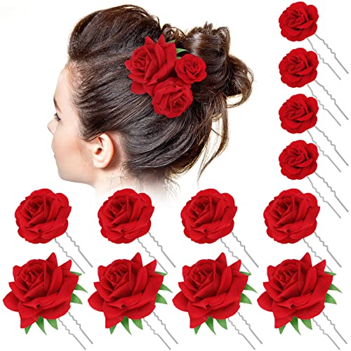 BBTO 12 Pcs Red Rose Hair Clips - 3D Floral Hair Pins for Weddings & Parties
