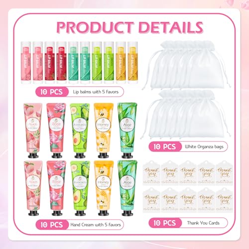 10-Pack Lip Balm and Hand Cream Gift Set with Organza Bags & Thank You Cards