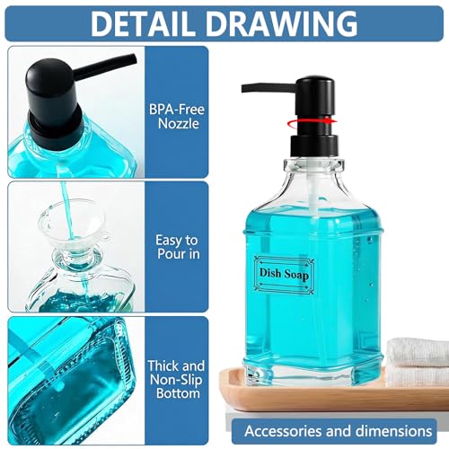 BPFY 3 Pack 17oz Clear Glass Soap Dispensers with Pump - Modern Square Design