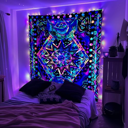 Glow in the Dark Sun and Moon Tapestry - UV Reactive Bohemian Wall Hanging 48'' x 36''