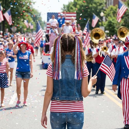 4 Pack Patriotic 4th of July Ponytail Hair Extensions Red White Blue Elastic Hair Ties