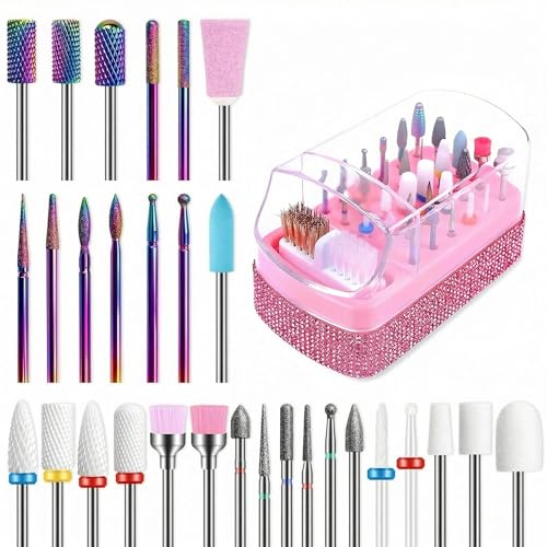 Rolokit 30PCS Nail Drill Bits Set with Pink Case - Professional Efile Bits for Acrylic & Gel Nails