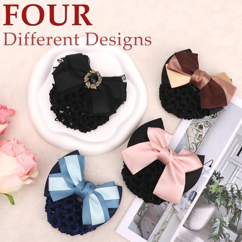 kilofly 4pc Two-Way Bow Barrette Hair Clip Bun Cover Set E