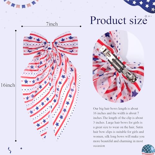 4th of July Hair Bows for Women & Girls - Red, White & Blue Satin Clips, Pack of 2, 11 Inch Length