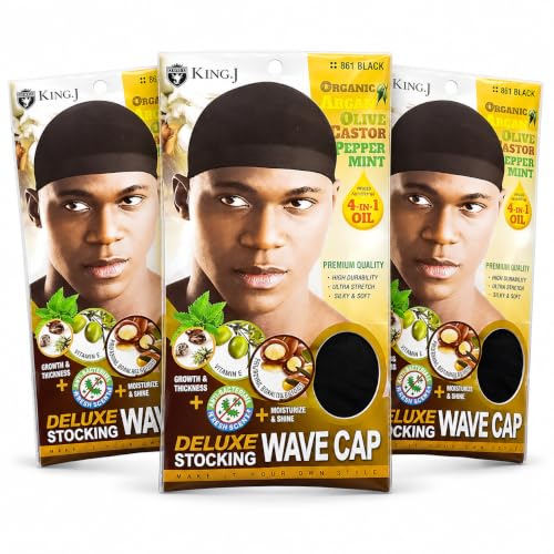 King.J Deluxe Stocking Wave Cap - 3 Pack Black Hair Wave Hood for Men & Women