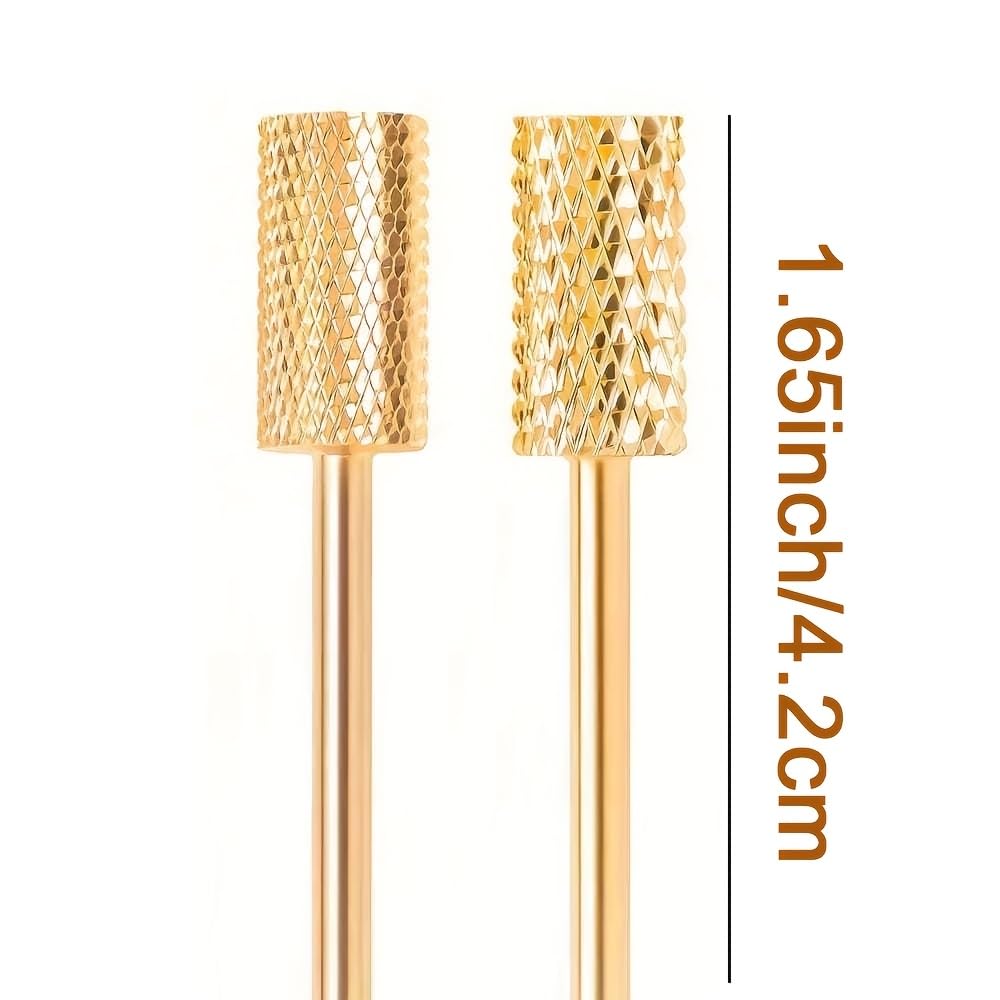 2PCS 2 Pieces Gold Plated Nail Grinding Heads with Medium Grit, Smooth Round Cylinder Shape, Tungsten Steel for Polish Removal
