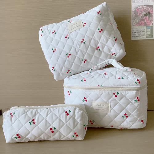 Cute Cherry Makeup Bag Set - 3 PCS Travel Toiletry Organizer (White-Cherry)