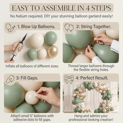 122Pcs Sage Green Cream Gold Balloon Arch Kit for Party Decor