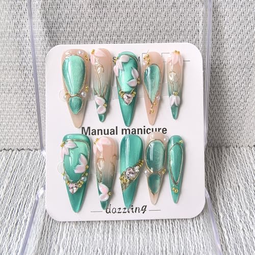 Green Cat Eye Press On Nails with 3D Flower Rhinestone Design - Size M