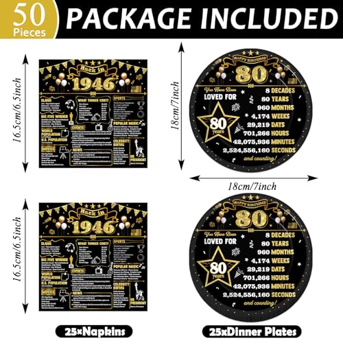 80th Birthday Party Supplies Set - Black Gold Plates & Napkins