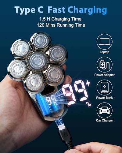SROT Silver Head Shaver for Bald Men, 7D Floating Rotary Electric Razor, Waterproof, Rechargeable, 2-Speed