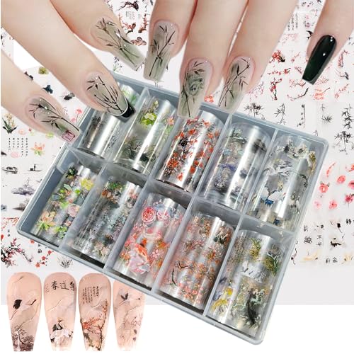 Chinese Style Nail Foil Transfer Stickers - Plum Orchid Bamboo Pattern, 10 Rolls