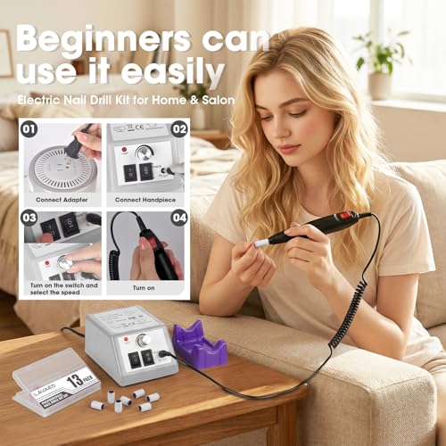 LAVAED Professional Electric Nail Drill Kit - Grey-White, Low Noise & Vibration, Includes Drill Bits & Sanding Bands