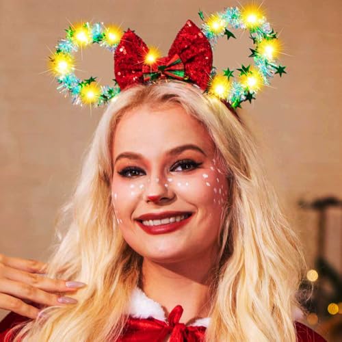 Catery Green Christmas Mouse Ears Headband with Light Up Bow for Women