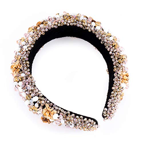 Pink Crystal Beaded Headband for Women - Handmade Velvet Hairband with Gold Flowers