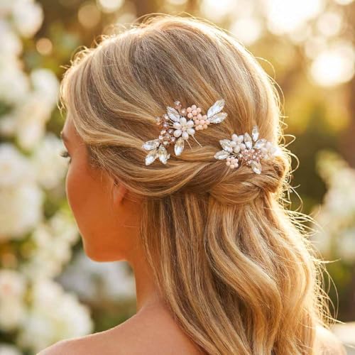 Unicra Bridal Flower Hair Pins - Rose Gold Crystal & Pearl Wedding Clips (2)