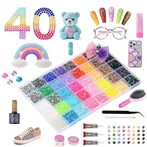 Duyige 40-Compartment Rhinestones Kit for Tumblers & Crafts, 40,000pcs 3mm Flat Back Bling Gems with Glue