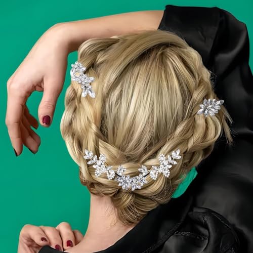 SHEHARUHI 10pcs Crystal Flower Bridal Hair Clips, Silver Rhinestone Barrette Set