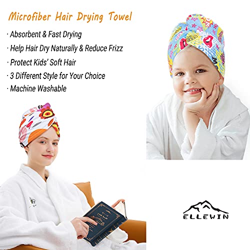 ELLEWIN Kids Girls Microfiber Hair Towel Wrap 3 Pack - Ultra Absorbent, Quick Dry, Purple/White/Blue