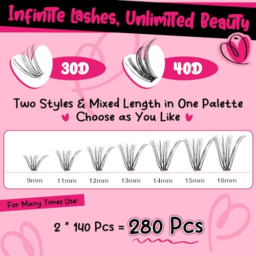 PRO LASHBEAUTY DIY Lash Extension Kit 30D+40D D Curl 280 Pcs with Bond Seal & Remover