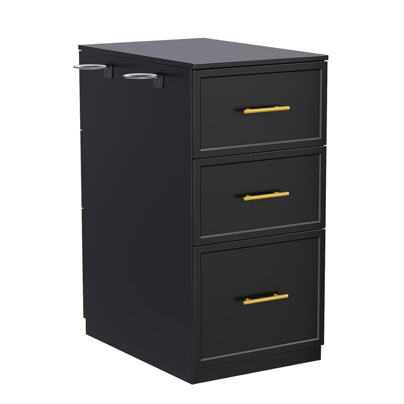 Salon Stations for Hair Stylists - Double-Sided Barber Station with 6 Drawers & 2 Dryer Holders | Modern Black Styling Cabinet