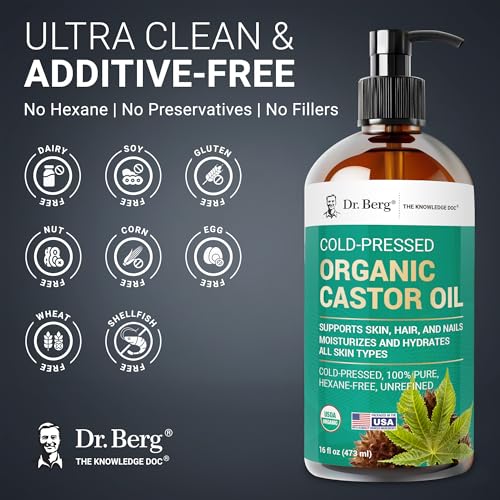 Dr. Berg Organic Castor Oil ? 16 fl oz Cold-Pressed Oil ? Pure, Unrefined, Single Ingredient ? Sourced in India, Bottled in USA ? Lab Tested, USDA Organic, Glass Bottle