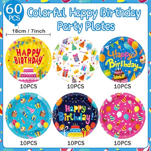 60-Pack Colorful Happy Birthday Plates - 7” Disposable Tableware
