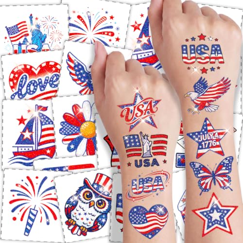 108 Pcs Glitter Patriotic Temporary Tattoos for 4th of July & Kids Adults