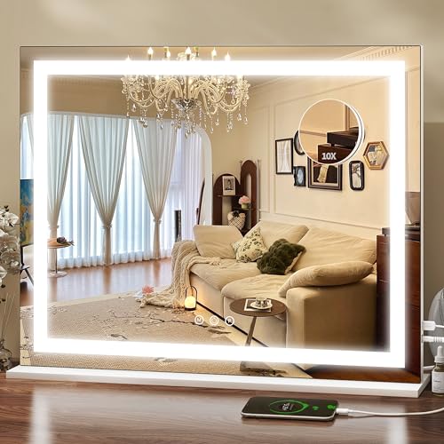 ROLOVE 23x18 Inch Lighted Vanity Mirror, 3-Color Dimmable LED & Touch Control - Large Makeup Mirror for Dressing Room (Wall/Tabletop Mount)