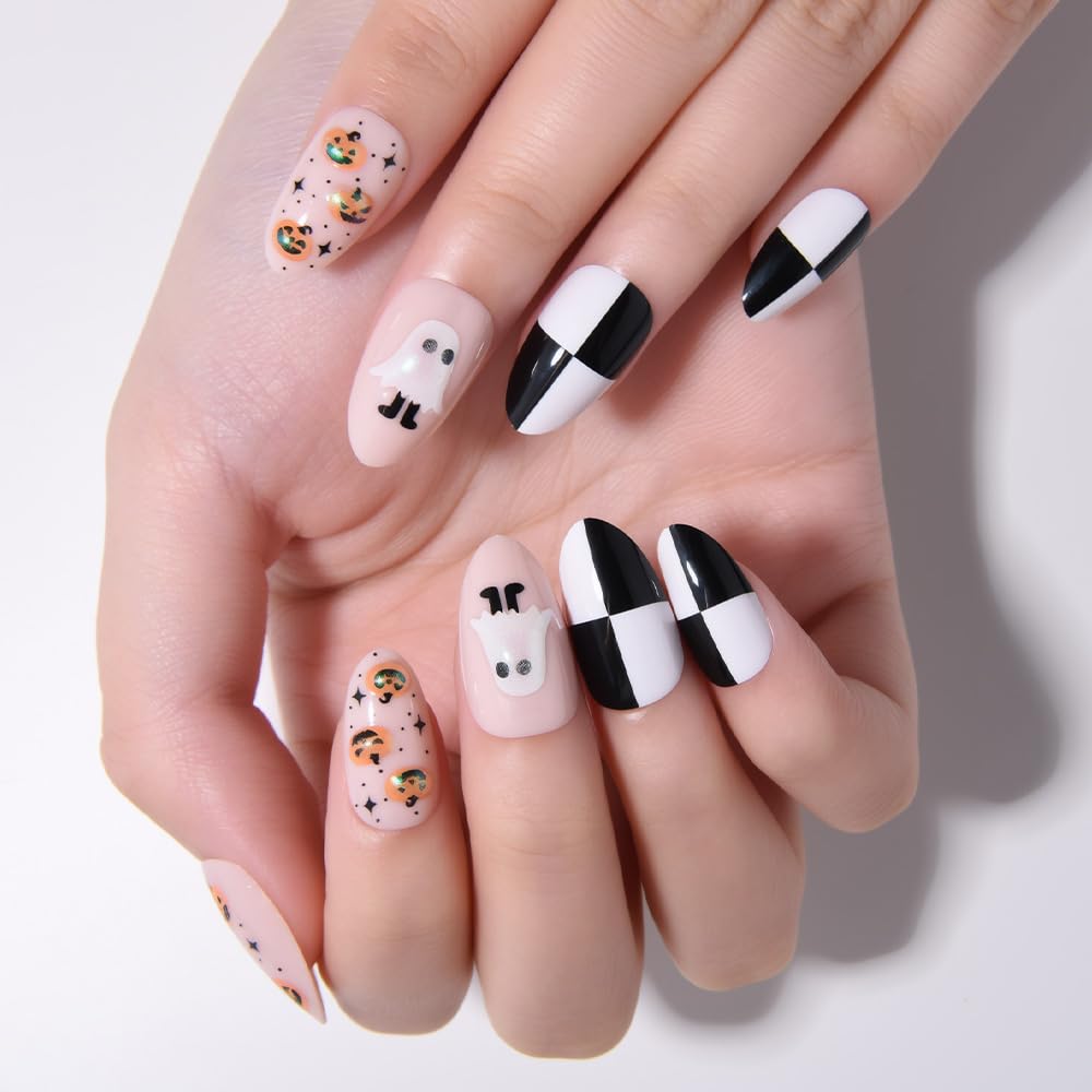 Nude Cat Eye Press-On Nails - Short Almond Shape with Gold French Tips | Reusable Soft Gel Set for Women