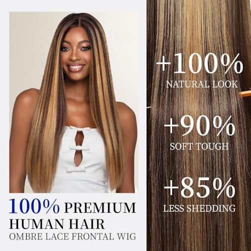 Highlight Ombre Lace Front Wig Human Hair 13x6 HD Lace Frontal Real Virgin Human Hair Wig 4/27 Colored Honey Blonde Straight Wigs Human Hair Pre Plucked Tangle-Free 200 Density 26 Inch