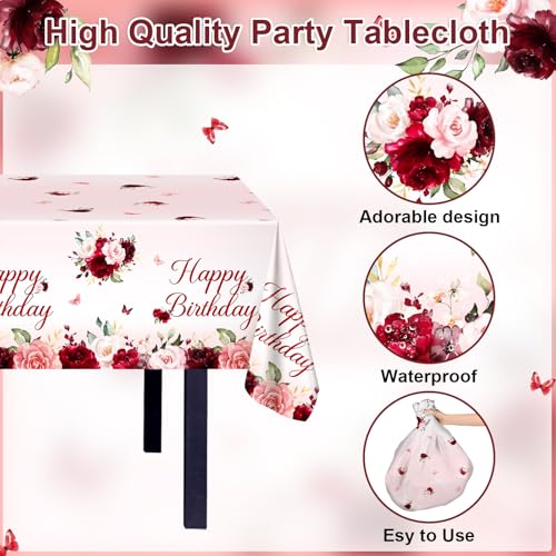 Burgundy Floral Tablecloths - 3 Pack 108x54 inch for Birthday Parties