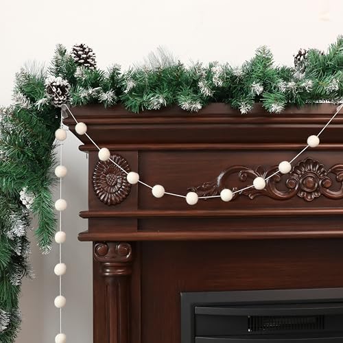 White Wool Felt Pom Pom Garland - 41.34 Inch Holiday Decor