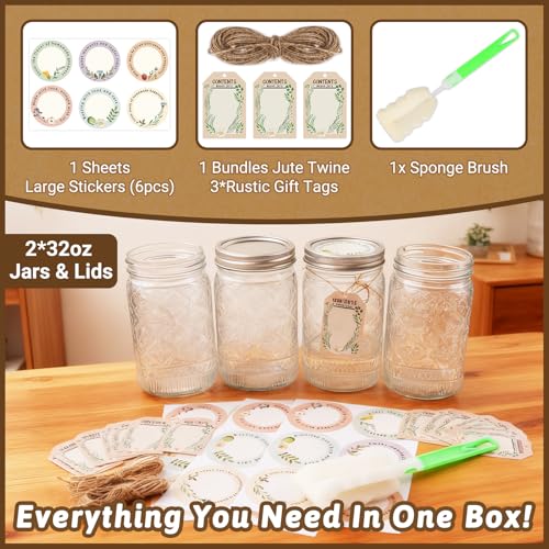 32oz Glass Mason Jars with Airtight Stainless Steel Lids - 2-Pack