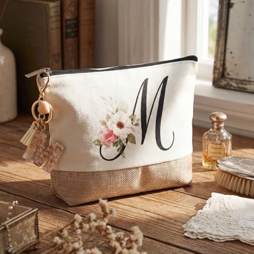Monogrammed Initial 'M' Gift Set for Women - Jute Tote & Makeup Bag