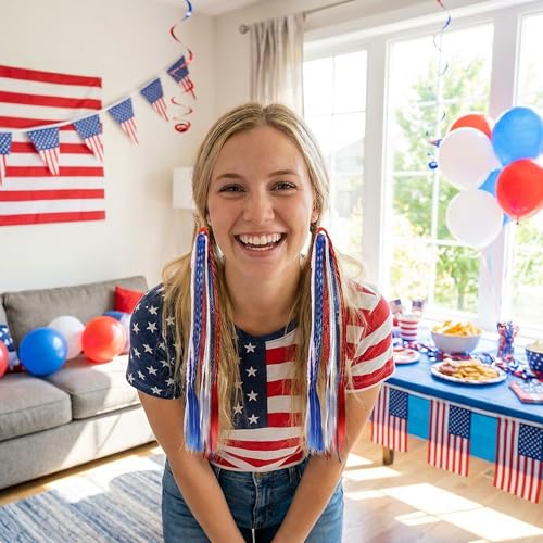 4 Pack Patriotic 4th of July Ponytail Hair Extensions Red White Blue Elastic Hair Ties