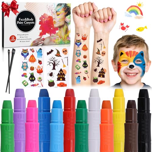 Kids Face Painting Kit - 12 Water-Based Colors, Washable Body & Face Paint for Halloween & Parties
