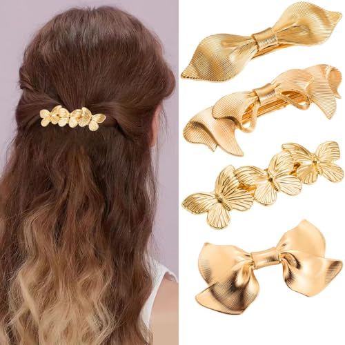 4PCS Gold Metal Hair Barrettes for Women, Elegant Bow & Claw Styles, for Thick & Fine Hair - Gold E